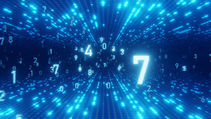 Digital data stream with numbers floating in a futuristic blue tunnel