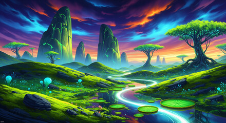 fantasy landscape with trees and clouds