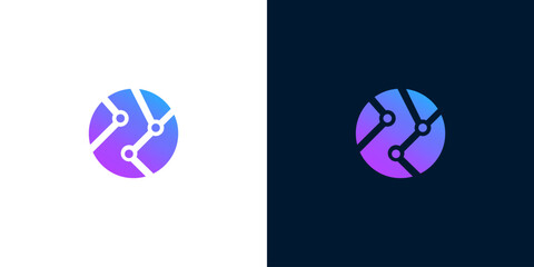 Modern abstract circular network logo design with blue and purple gradient and nodes connected by lines on white and dark backgrounds