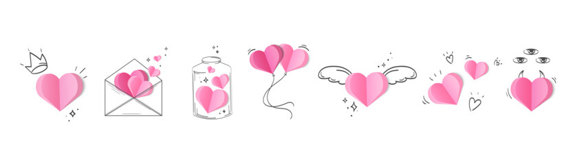 Minimal love icons set with pink hearts with sketch style elements, envelopes, wings, balloons, sparkles for Valentines Day stickers, greeting cards, mobile apps,digital planners, social media. Vector
