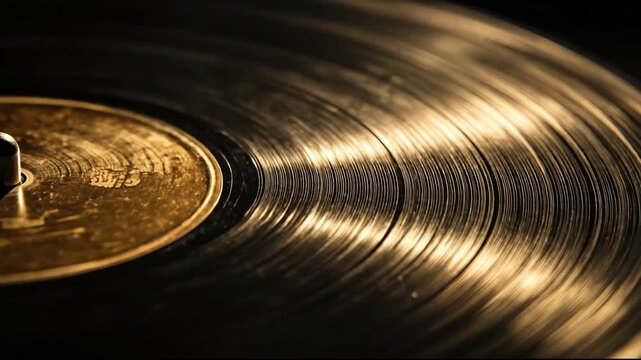 Close-up of a vinyl record with golden label, showing the grooves and texture.