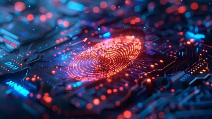 Holographic fingerprint scan floating above a tech pad