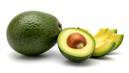 Fresh Ripe Avocado Halved and Sliced, Revealing Creamy Green Flesh and Large Seed