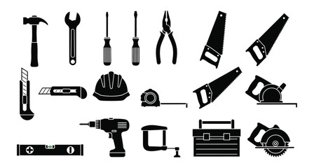 Construction and DIY Tool Silhouettes, Black Icons of Hand Tools, Power Equipment, and Safety Gear