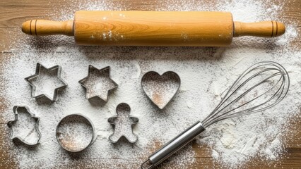 Baking Essentials - Rolling Pin, Cookie Cutters, and Whisk on Floured Wooden Surface.
