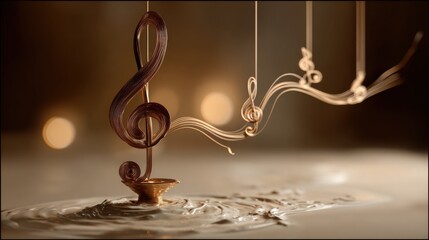 Artistic chocolate music notes flowing in a studio setting