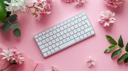 Wireless keyboard mockup on neutral pastel workspace