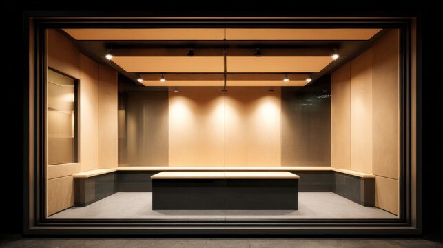 An empty studio isolation booth viewed from the outside
