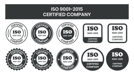 Fototapeta premium ISO 9001-2015 Certified Company Stamp. Quality Assurance and Compliance Certification Logo for Business and Manufacturing. ISO 9001-2015 Certified Company badge, flat vector, isolated illustration.