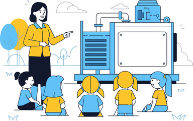 Fototapeta premium An educator guides young students through future skills using a digital display. A modern, bright illustration showcases learning and technology. Ideal for education and future concepts.