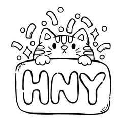 Cat with HNY Sign Hand Drawn Doodles