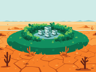 vibrant green zone oasis amidst a desert landscape features futuristic structures and lush vegetation  Ideal for sustainability technology and environmental concepts © Vector Factory