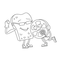 Groovy psychedelic couple for sandwich, toast bread and tomato slice hugging with love vector illustration