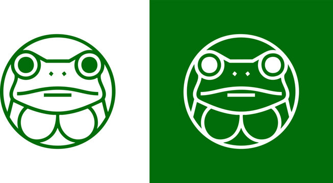 Two minimalist, circular green and white icons featuring a stylized frog face with distinctive eyes and mouth in a clean outline style