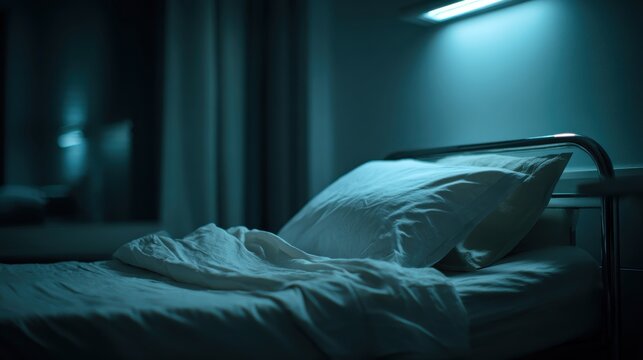 A hospital bed with white sheets in a dimly lit room