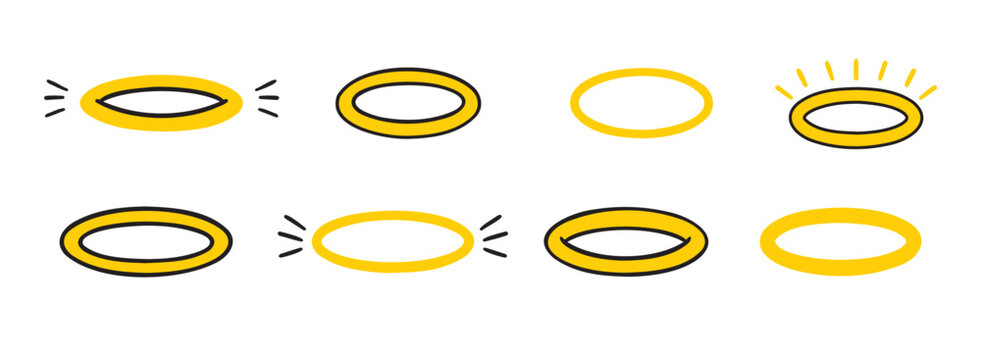 angels halo, nimbus doodle icon set. vector flat icon design yellow halo on white background. logo template halo element religion theme.