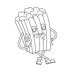 Groovy psychedelic popcorn box showing hippie peace and love gesture vector illustration