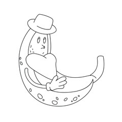 Groovy psychedelic banana peeling skin, funny fruit in hat and gloves vector illustration