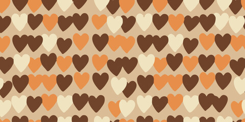 A charming seamless pattern of scattered hearts in warm earthy tones of brown, orange, and beige, perfect for various design applications