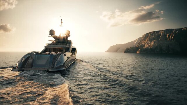 Luxury yacht sails along the coast at sunset. Luxury yacht at sunset. Super yacht cruising in deep blue sea. 3d render