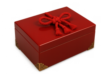 Red lacquered gift box with decorative gold corners, displaying a traditional japanese knot and tassels, perfect for celebratory moments