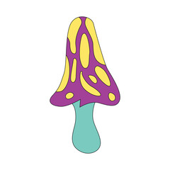 Groovy psychedelic mushroom, hippie toadstool with distorted yellow spots on purple cap vector illustration