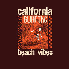 California Surfing Beach vibes vintage line art poster design.eps
