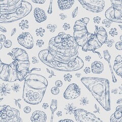 Blue Breakfast Toile Seamlee Pattern, Waffles, Croissants, Strawberry Pie, Berries