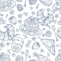 Blue Breakfast Toile Seamlee Pattern, Waffles, Croissants, Strawberry Pie, Berries