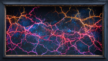 Dark Framed Abstract Glowing Pink Red Orange Neural Network Energy Web On Deep Blue Background Visualization