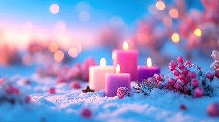 Pink and purple candles in snowy landscape with berries and bokeh lights, winter scene
