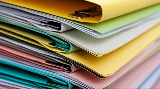 Close-up of a stack of colorful documents with paper clips. Office paperwork.