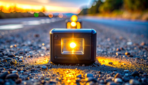 Illuminating the Path: A close-up view of a solar-powered road stud emitting a radiant glow on asphalt surface, creating a visual guide amidst the twilight ambiance.
