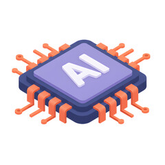 Isometric 3D AI Processor Chip Icon for Computer Hardware
