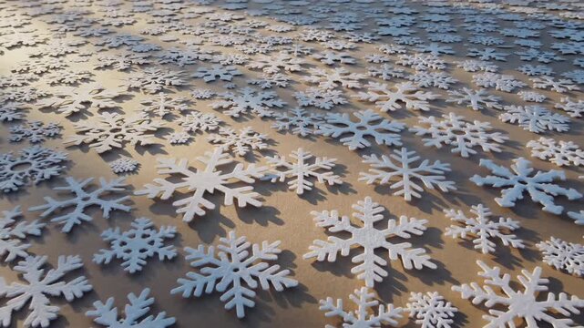 Aerial view zooming slowly out from a vast array of unique white paper snowflakes scattered across a minimalist tan background with gradual winter morning light shift establishing shot, view, slowly