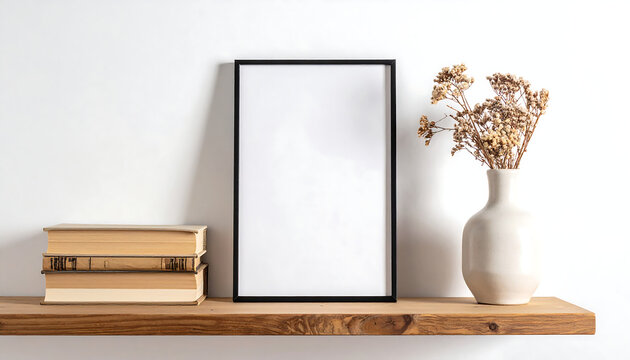 Blank black picture frame mockup resting on wooden shelf with vintage books and dried flowers in white vase. Minimalist interior home decor concept. - Powered by Adobe