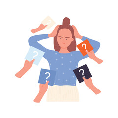Frustrated girl angry from lot of questions in hands of people vector illustration