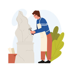 Man holding hammer to create statue of stone or marble, sculptor working vector illustration