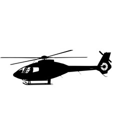 Silhouette of a modern helicopter in flight against a white background.