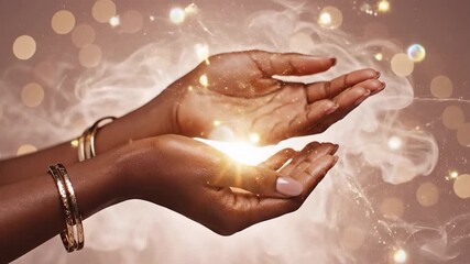 Hand of Light: A person's open hands, bathed in a soft glow, suggest hope, positivity, and spiritual energy, with the light symbolizing potential, discovery, and new beginnings.
