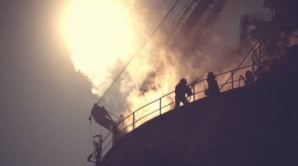 Daytime medium shot of a blast furnace in action emphasizing the flow of molten metal and workers monitoring the process under bright sunlight.