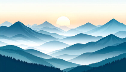 Obraz premium Flat Mountain Sunrise Landscape with Mist Vector Illustration