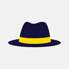 Stylish dark blue fedora hat with a vibrant yellow ribbon band, presented as a simple, modern flat design vector illustration. This classic headwear accessory signifies elegance and retro fashion