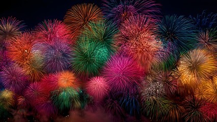 Dense mosaic of vibrant multicolored fireworks bursting across dark night sky for dazzling celebration backdrop

