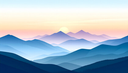Fototapeta premium Flat Mountain Sunrise Landscape with Mist Vector Illustration