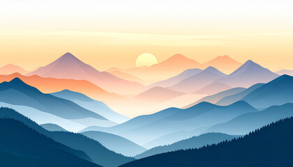 Obraz premium Flat Mountain Sunrise Landscape with Mist Vector Illustration