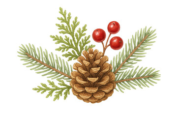 Fototapeta premium Pinecone and evergreen branches with red berries for winter holiday decoration and christmas greeting designs