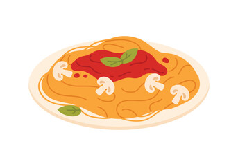 Plate of vegetarian pasta, spaghetti with tomato sauce, basil leaf and mushroom slices vector illustration