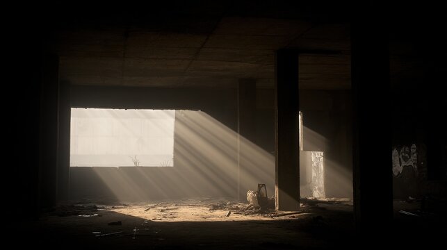 Urban ruin at dusk with soft light through a broken window onto a dusty floor. real-estate listings.