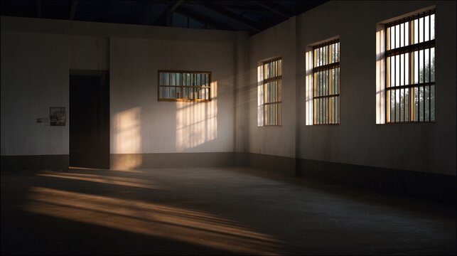 Urban ruin at dusk with soft light through a broken window onto a dusty floor. real-estate listings.
